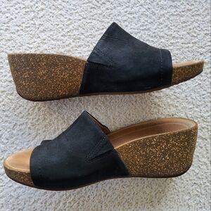 Clarks Classic Black Suede Wedge Sandals with Cork Sole